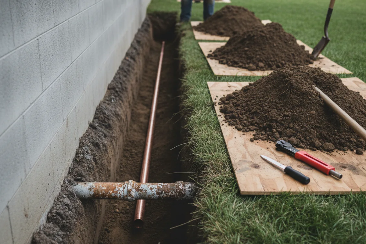 Excavated water line trench during Sewer Line Repair in Gatesville